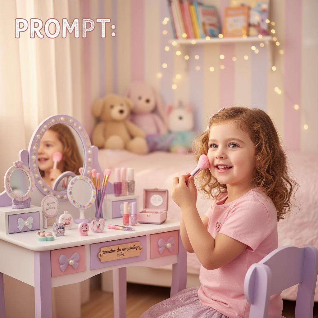 alt_text Joyful girl at colorful vanity, playing with child-safe makeup in a cozy, pastel-themed bedroom.