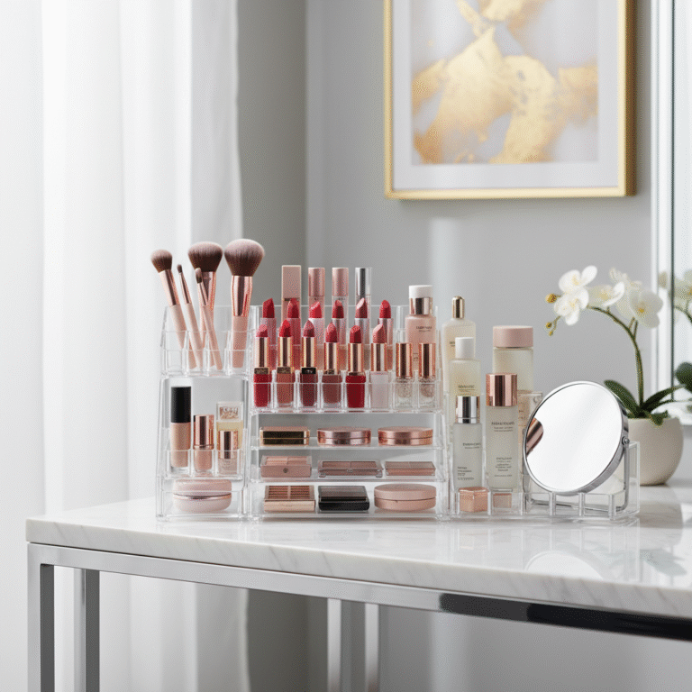 A sleek makeup organizer with beauty products on a modern vanity, glowing in soft, natural light.