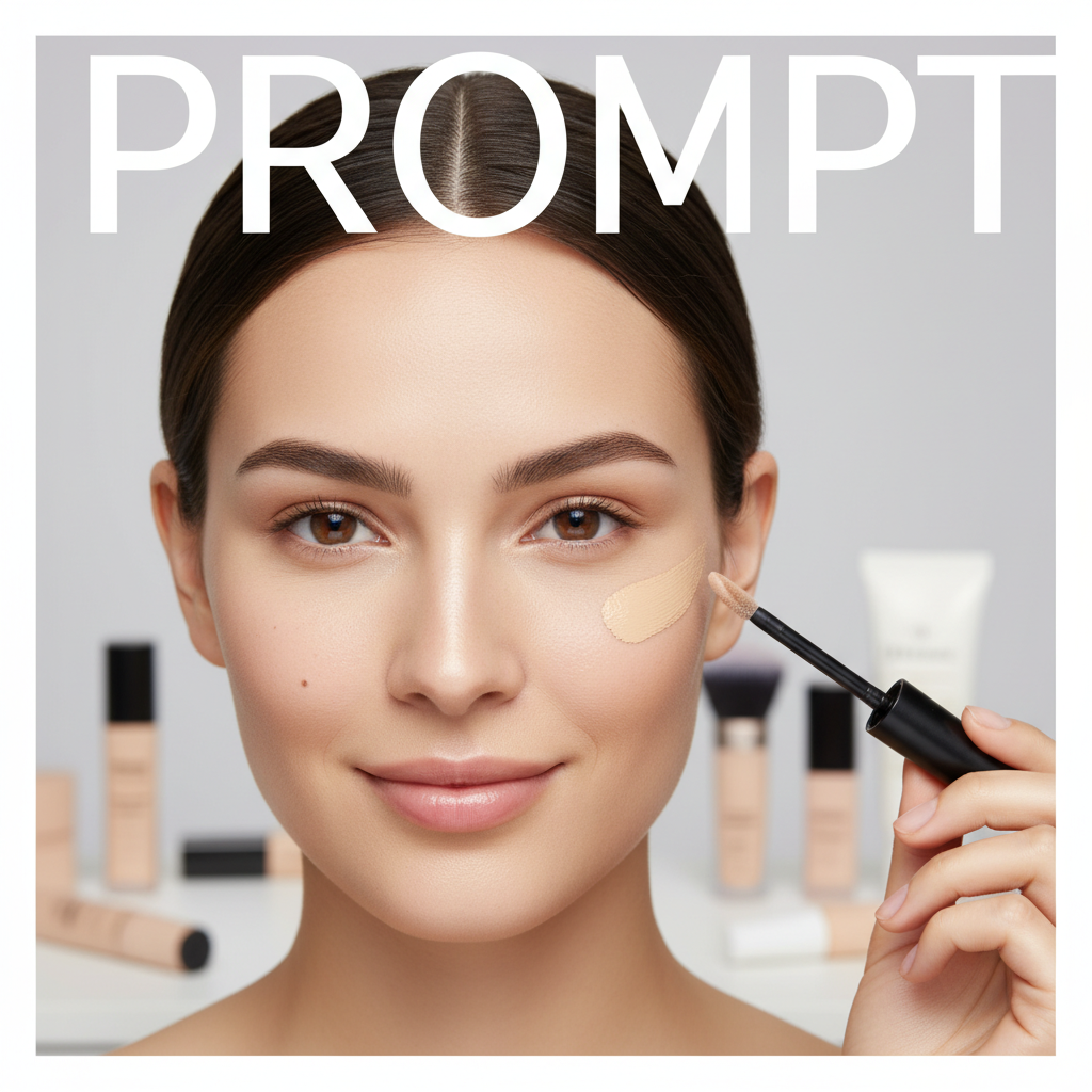 alt_text Close-up of a woman applying concealer; one side flawless, one side natural, showing makeup results.