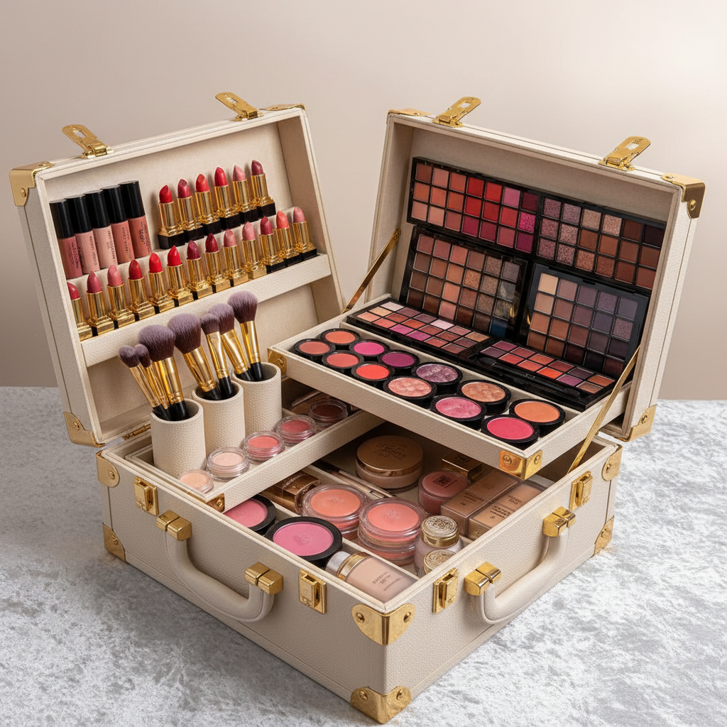 Elegant makeup case opened to display neatly arranged, colorful luxury cosmetics on a soft neutral background.