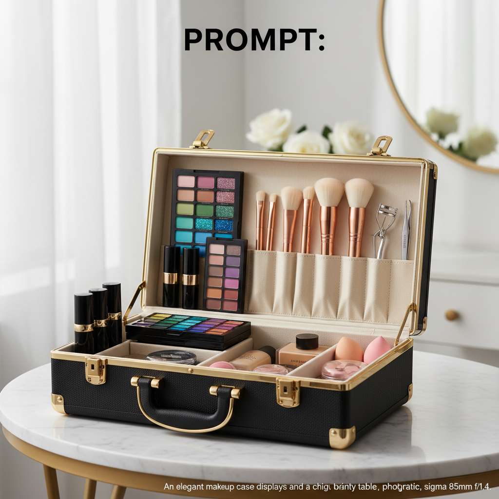 alt_text An elegant open makeup case displays organized cosmetics and brushes on a chic, bright vanity table.