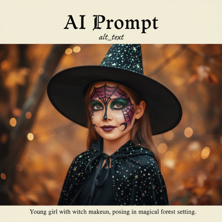 alt_text Young girl with witch makeup, hat, and cloak, posing in a magical autumn forest setting.