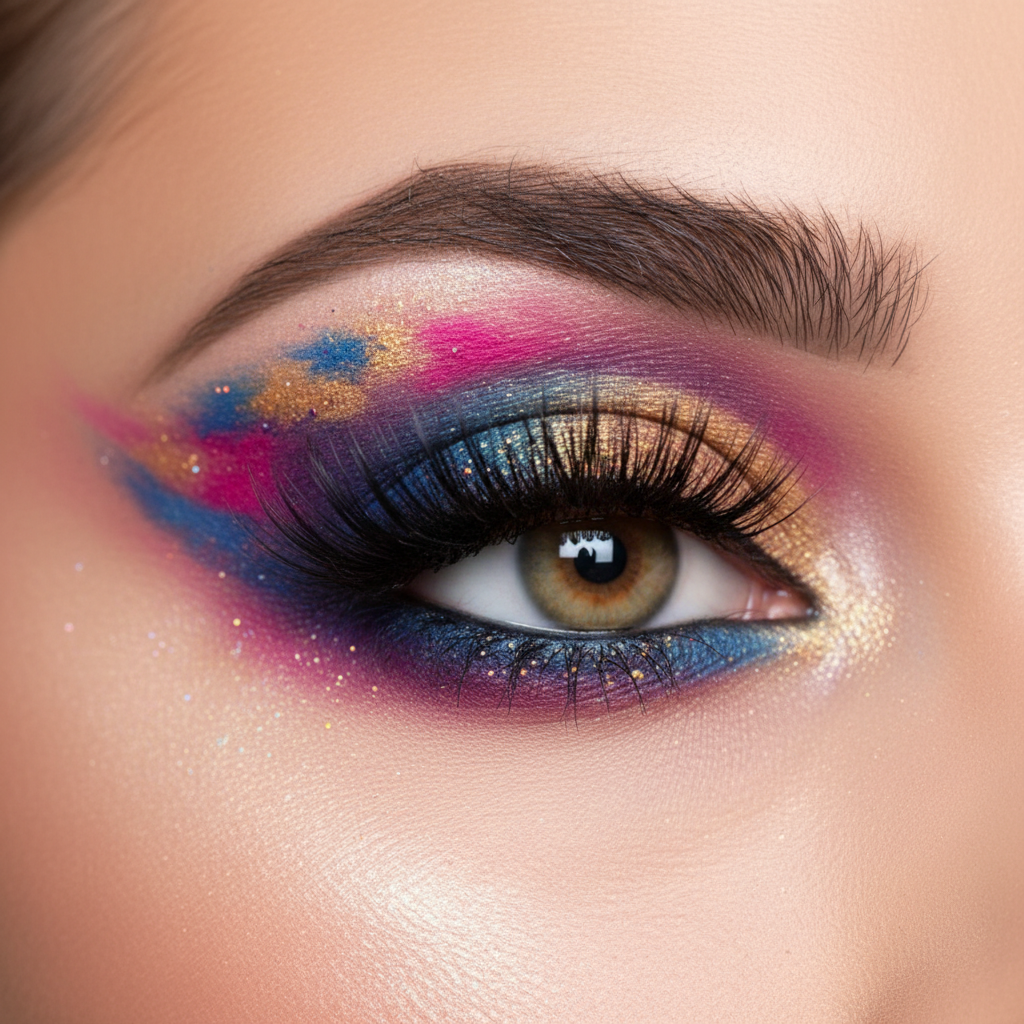 Close-up of glamorous eyes with bold, colorful eye makeup, long lashes, and perfectly shaped brows.