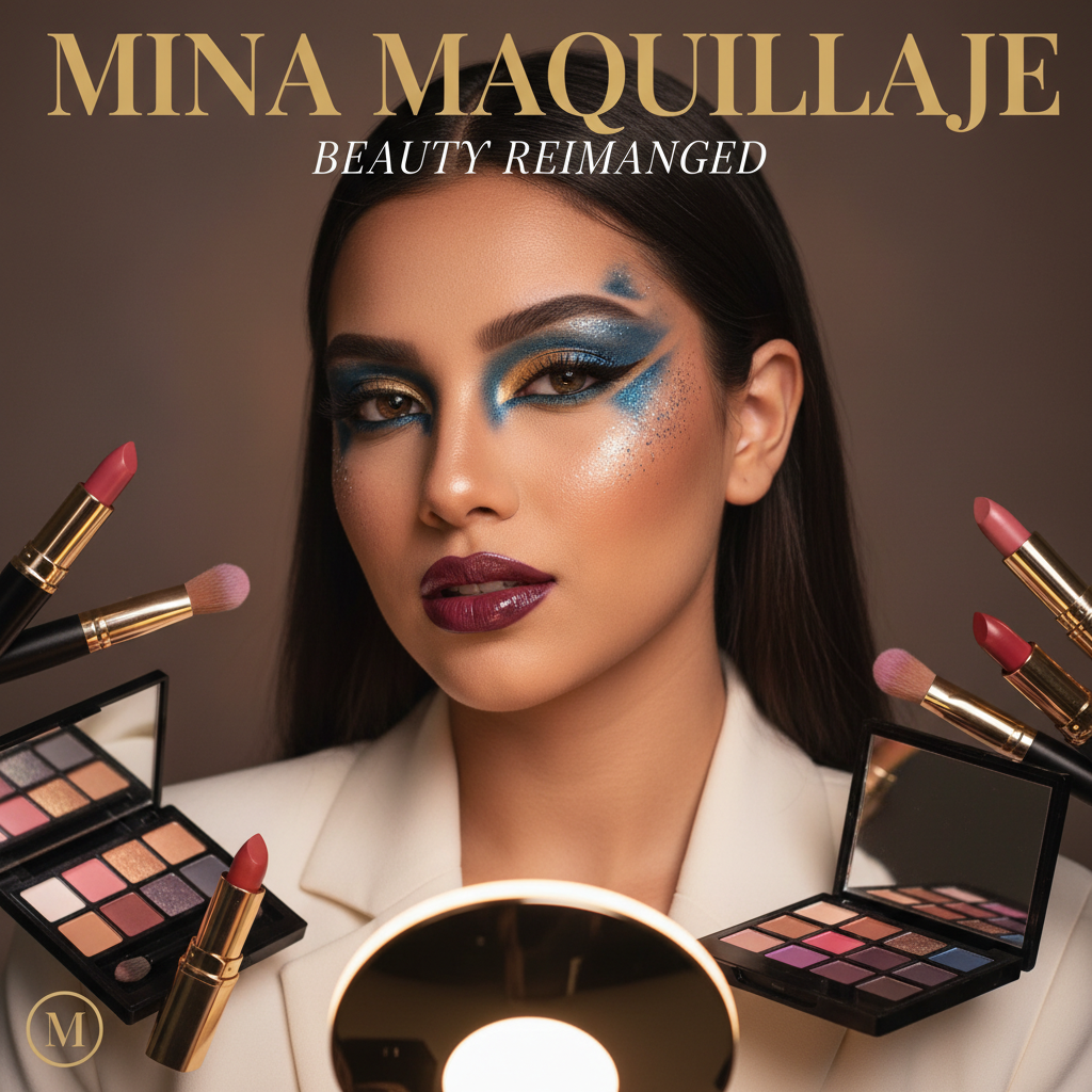 Confident Mina with creative makeup poses on a stylish magazine cover, surrounded by beauty products.