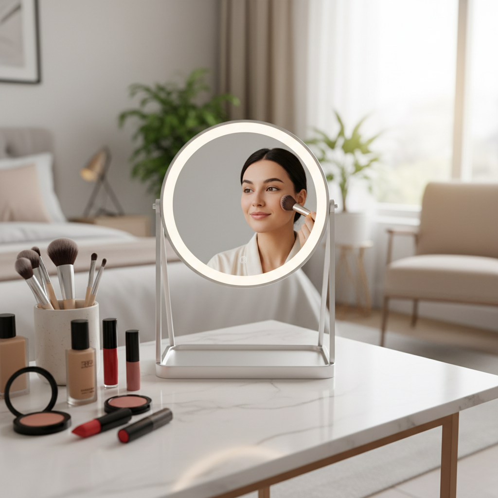 A sleek makeup mirror with LED lights, makeup items, and a woman applying makeup in the reflection.