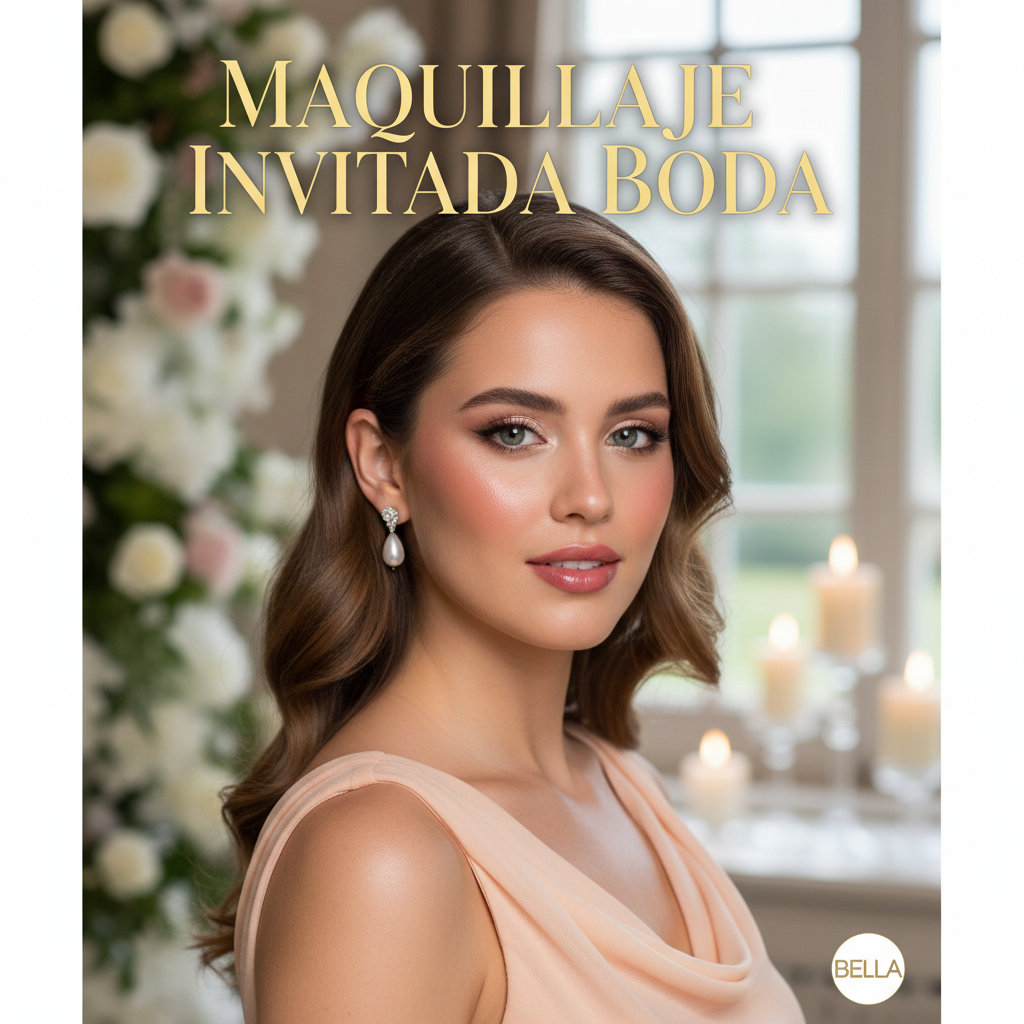 Elegant woman with radiant makeup and wavy hair, ready as a wedding guest amid floral wedding decor.