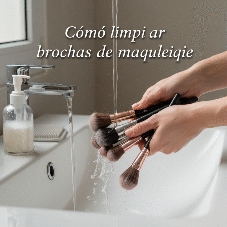 Manos lavando brochas de maquillaje bajo agua, resaltando limpieza y cuidado en un baño moderno.
