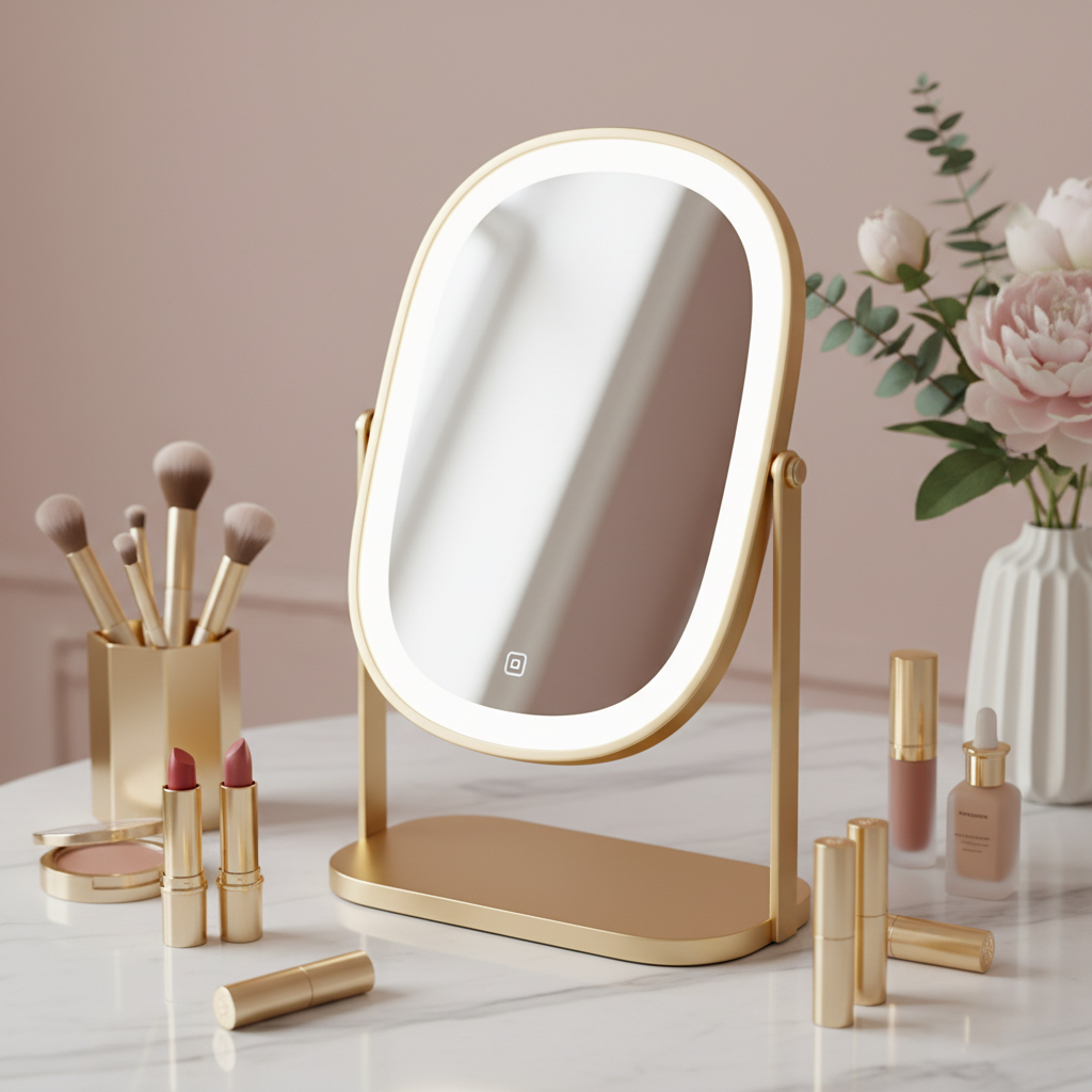 A modern makeup mirror on a chic vanity with elegant cosmetics and soft, natural lighting.