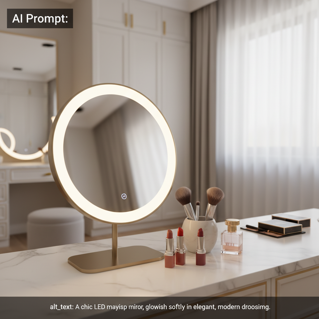 alt_text A chic LED makeup mirror on a stylish vanity, glowing softly in an elegant, modern dressing room.
