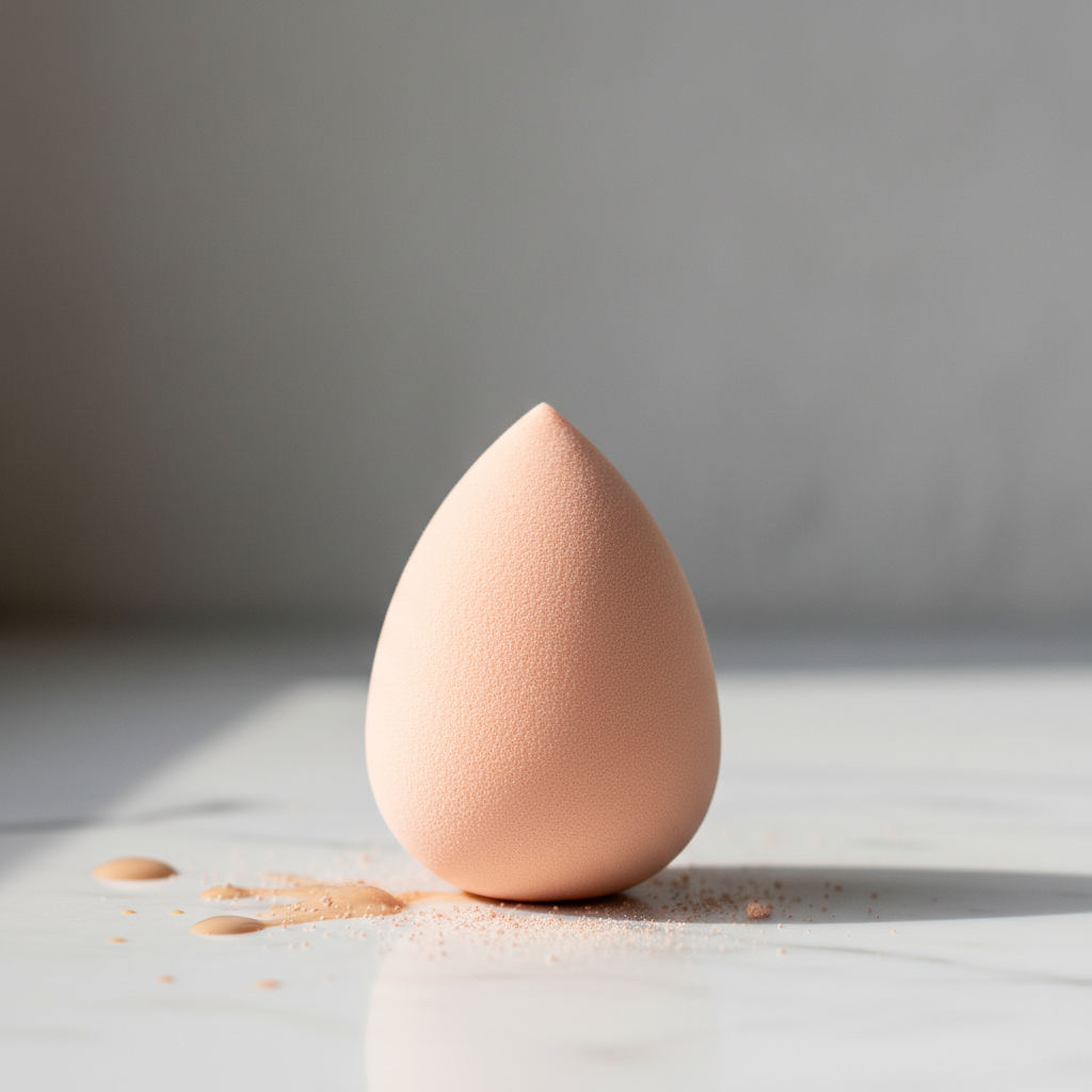 alt_text Close-up of a pastel makeup sponge on a minimalist surface with soft lighting, powder, and clean style.