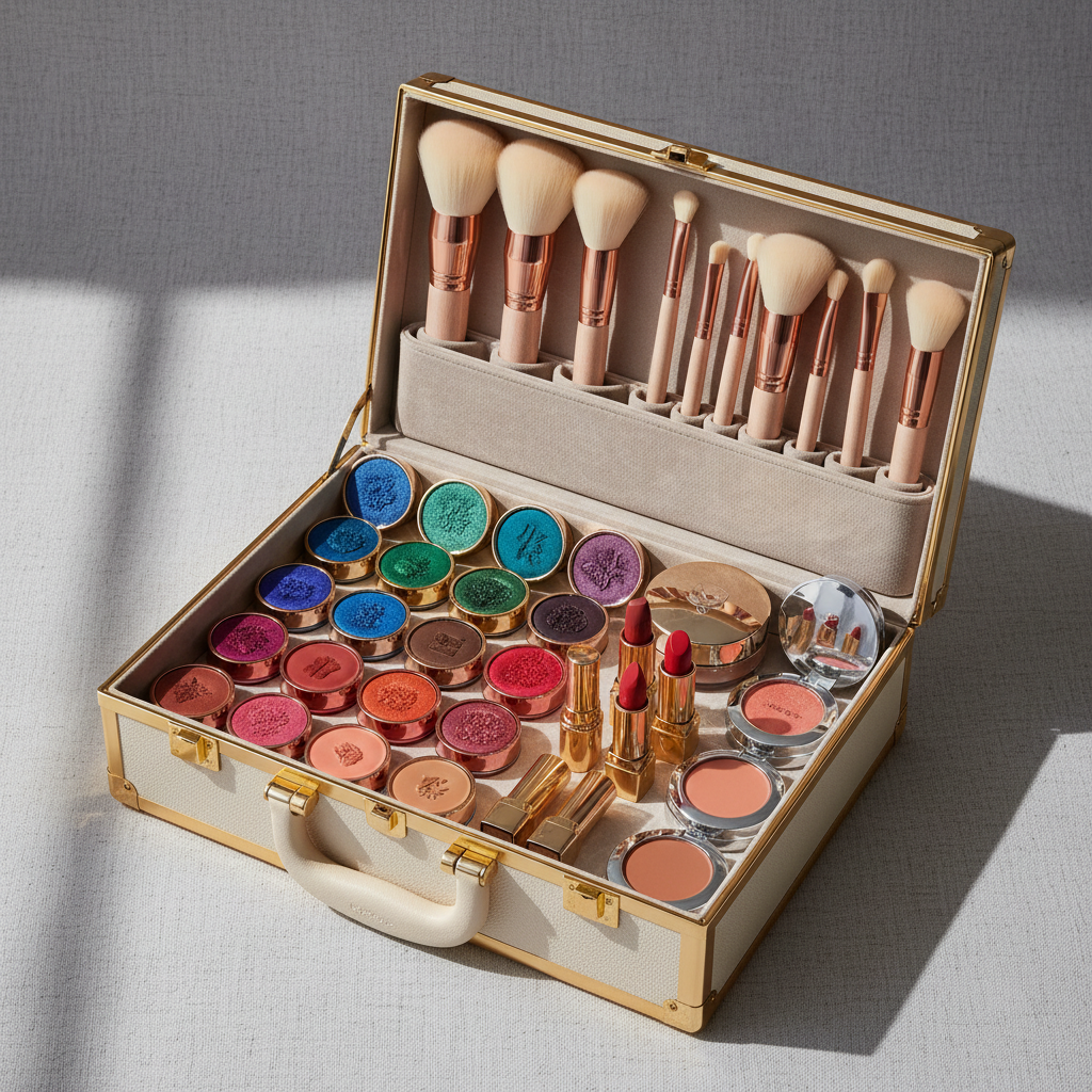 alt_text: Elegant open makeup case with colorful cosmetics on a soft background, evoking luxury and style.