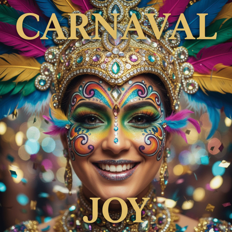 Woman in vibrant carnival makeup and headdress shines amid sparkling lights, feathers, and confetti.
