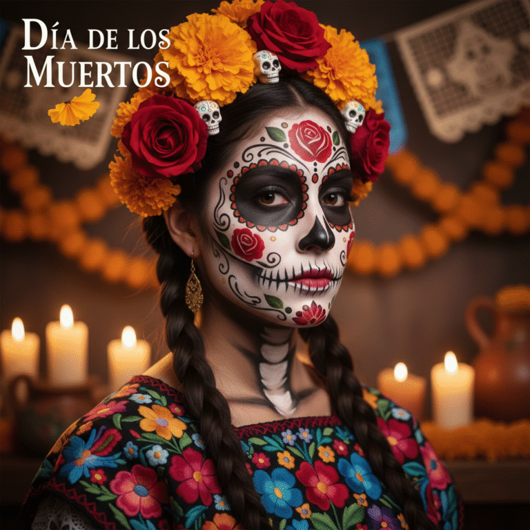 Woman in catrina makeup and Mexican dress, amid marigolds, candles, and papel picado for Día de Muertos.