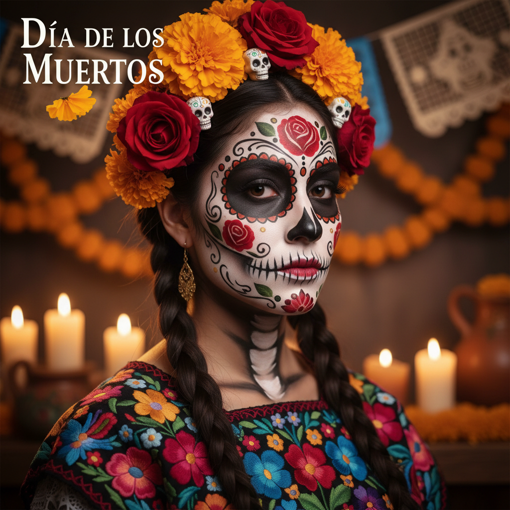 Woman in catrina makeup and Mexican dress, amid marigolds, candles, and papel picado for Día de Muertos.