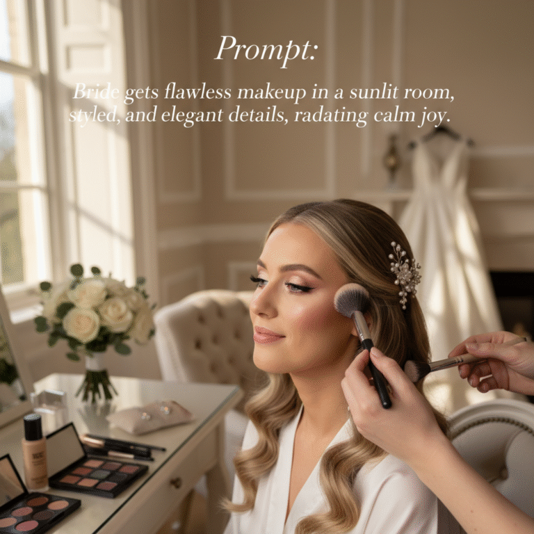 Bride gets flawless makeup in a sunlit room, styled hair, and elegant details, radiating calm joy.
