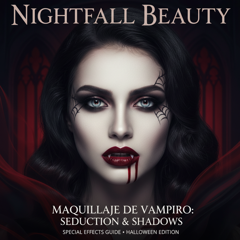 Model with stunning vampire makeup: pale skin, red lips, subtle fangs, and gothic dark background.