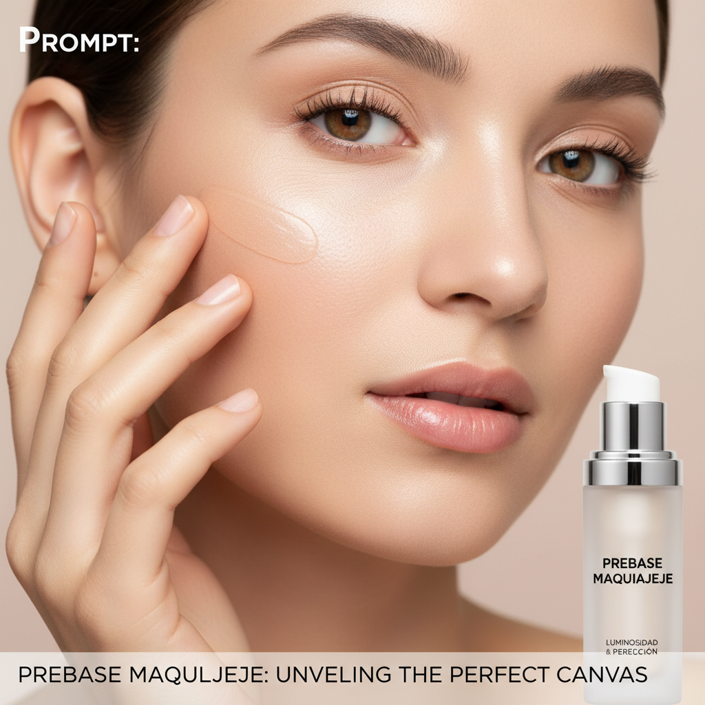 alt_text A glowing face applies primer, showcasing flawless skin and a chic "Prebase Maquillaje" bottle.