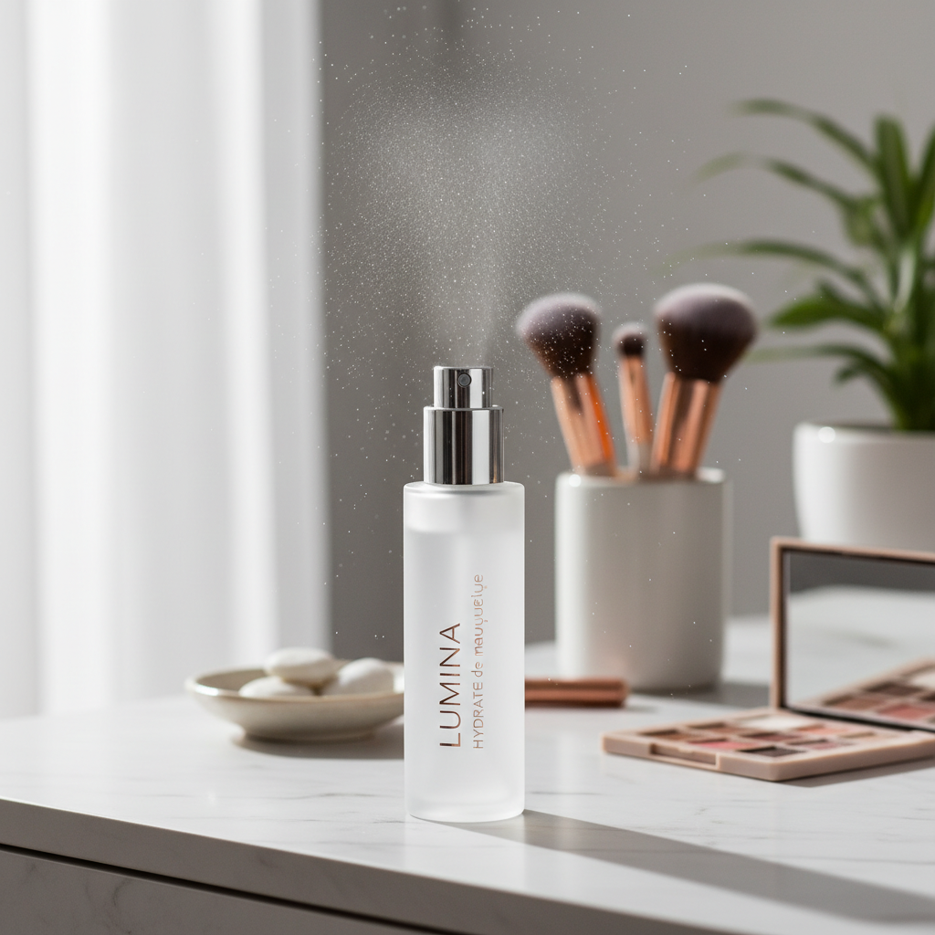 alt_text Elegant makeup setting spray bottle misting on a vanity with beauty tools, evoking freshness and style.