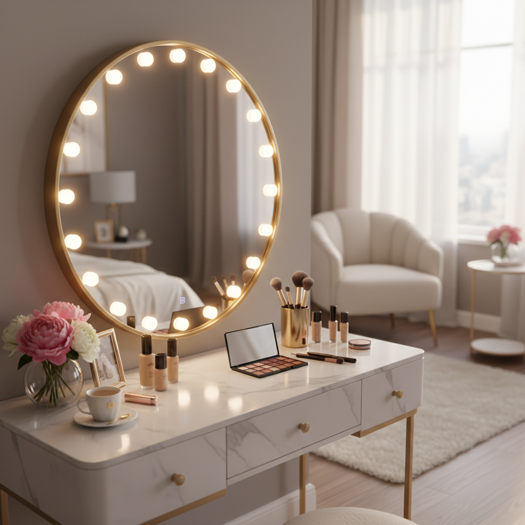 A stylish makeup vanity with LED-lit mirror, organized cosmetics, and flowers in a cozy bedroom.