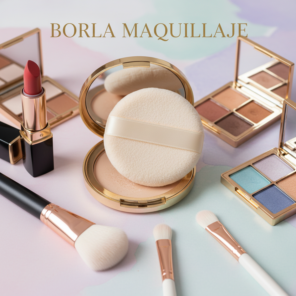 Elegant powder puff and luxury makeup items showcased on a chic pastel background for "Borla Maquillaje".