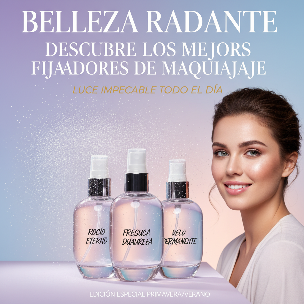 alt_text: Modelo radiante junto a fijadores de maquillaje en spray, destacando frescura y duración.