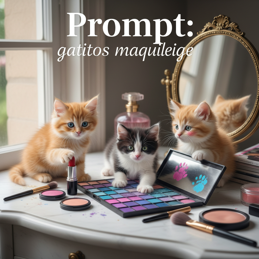 Adorable kittens play with colorful makeup on a vanity, sporting cute, sparkly fantasy-inspired looks.
