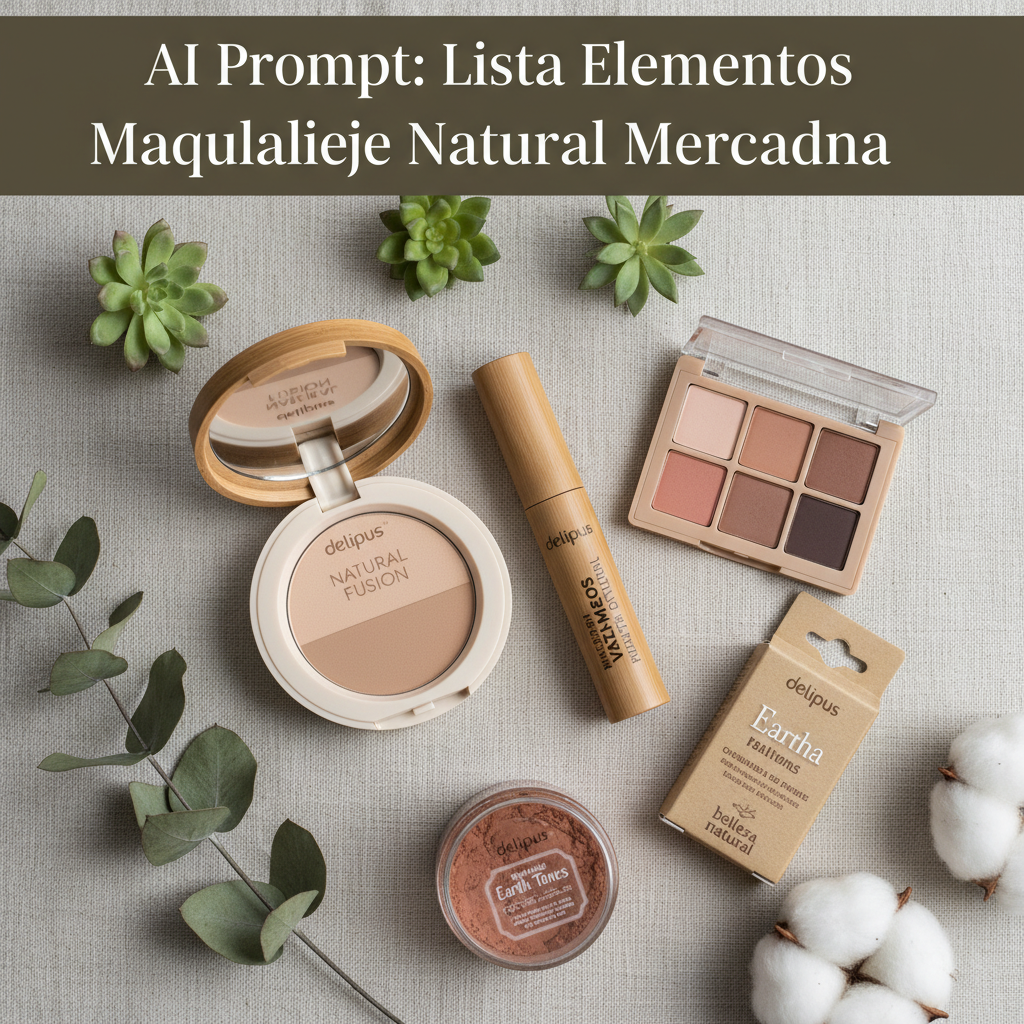 Flat lay of Mercadona natural makeup products with greenery, showcasing a fresh, minimal beauty routine.