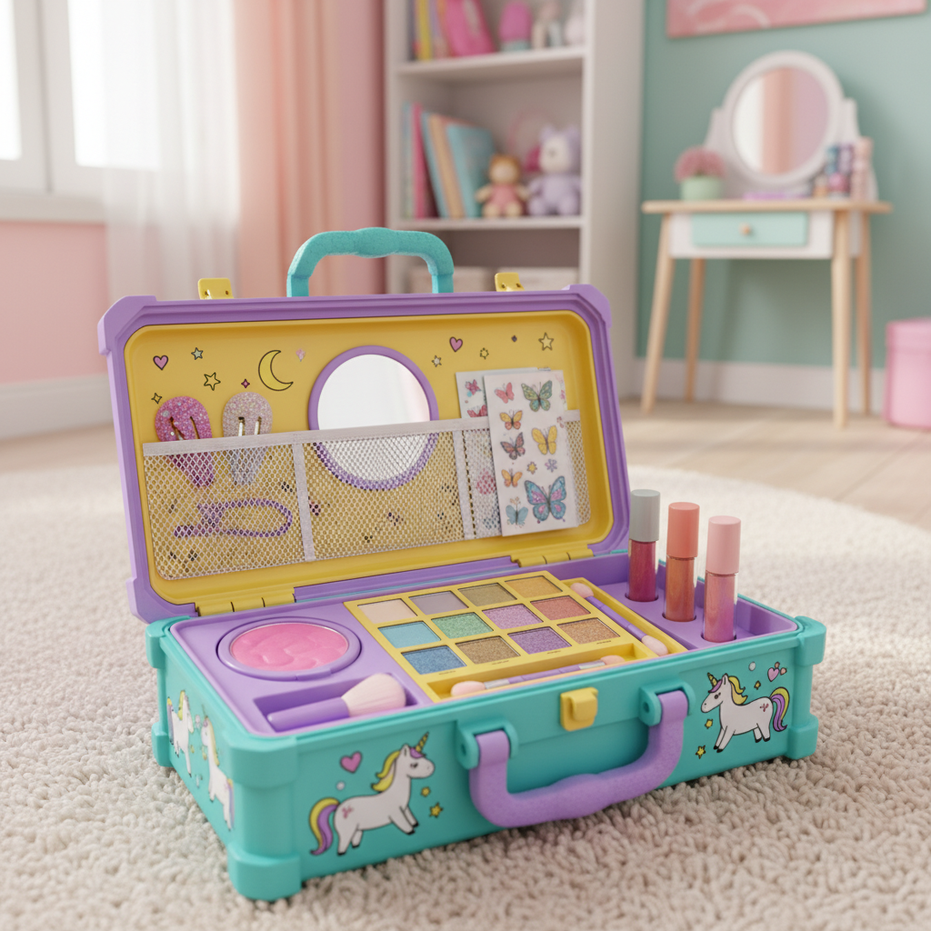 Colorful kids’ makeup case open with playful designs, showing blush, eyeshadow, and brushes inside.