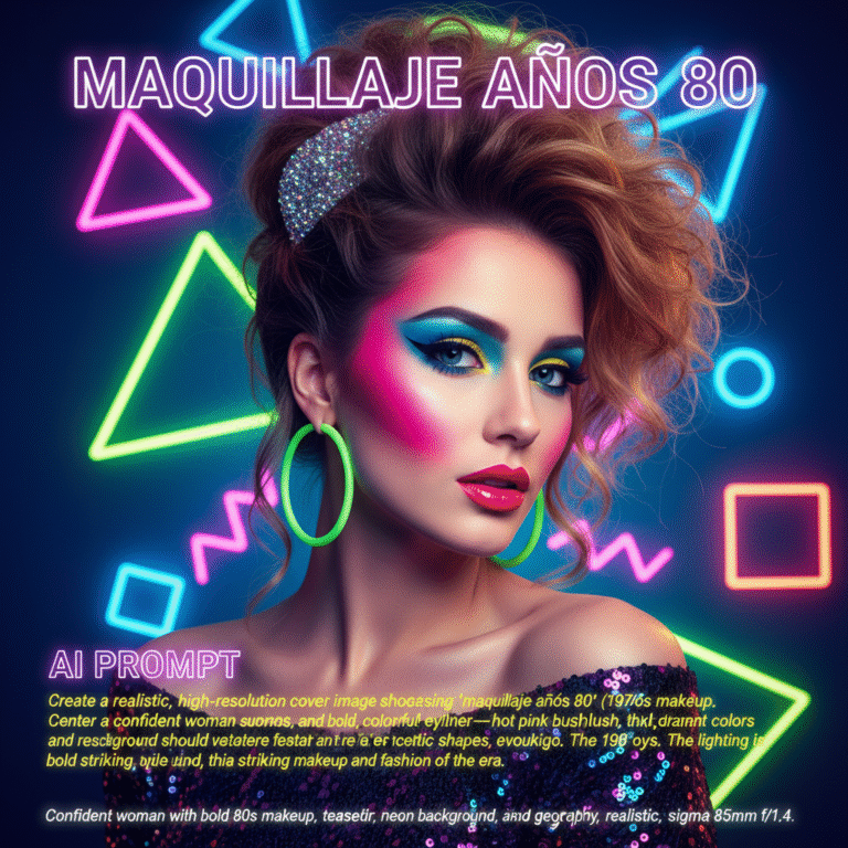 alt_text Confident woman with bold 80s makeup, teased hair, neon background, and retro geometric shapes.
