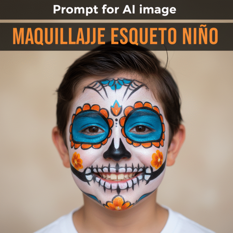 Smiling boy with vibrant skeleton face paint, ideal makeup inspiration for Halloween or Day of the Dead.