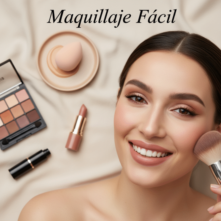 Smiling woman with simple makeup, holding a brush, surrounded by everyday products on a soft background.