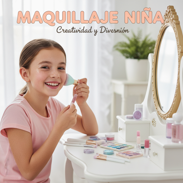 Alt_text: Cheerful girl with light makeup at vanity, pastel colors, playful setting, "Maquillaje Niña" title.