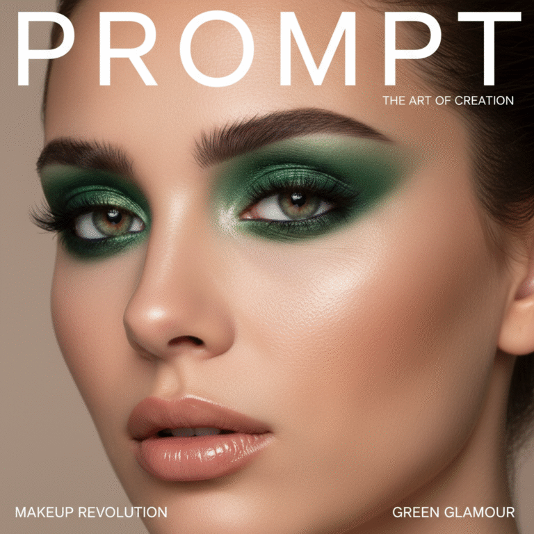 alt_text: Glamorous close-up of a woman with striking green eye makeup on a modern, sophisticated magazine cover.
