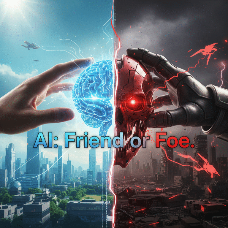 AI-generated cover image illustrating the theme of artificial intelligence as friend or foe.