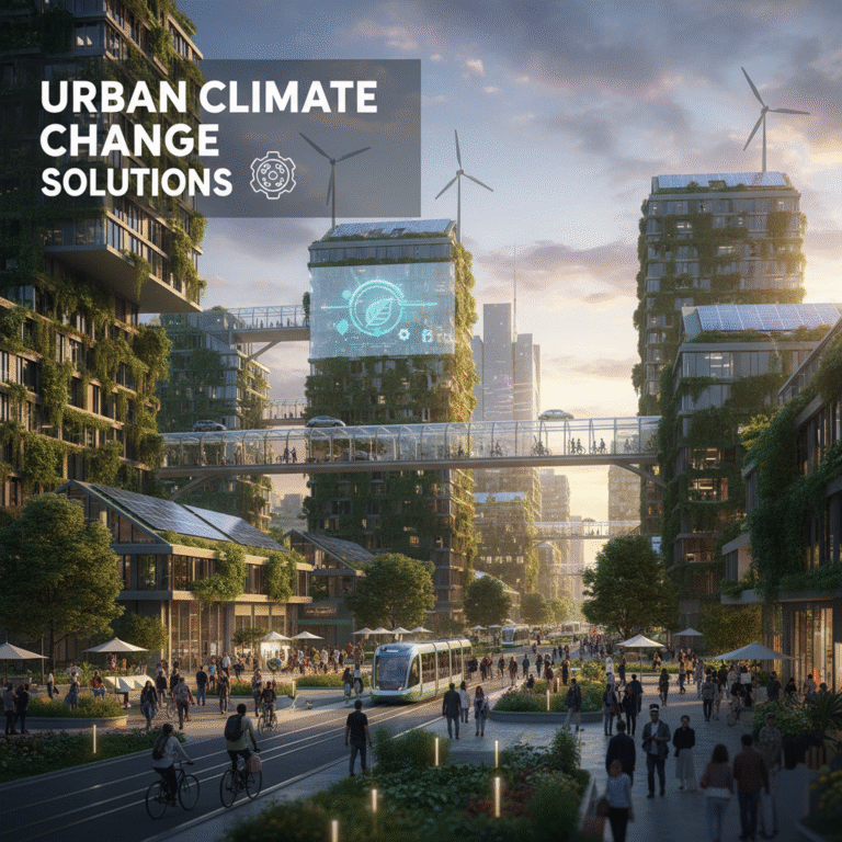 A realistic cover image for urban climate change solutions with green buildings and clean transport.