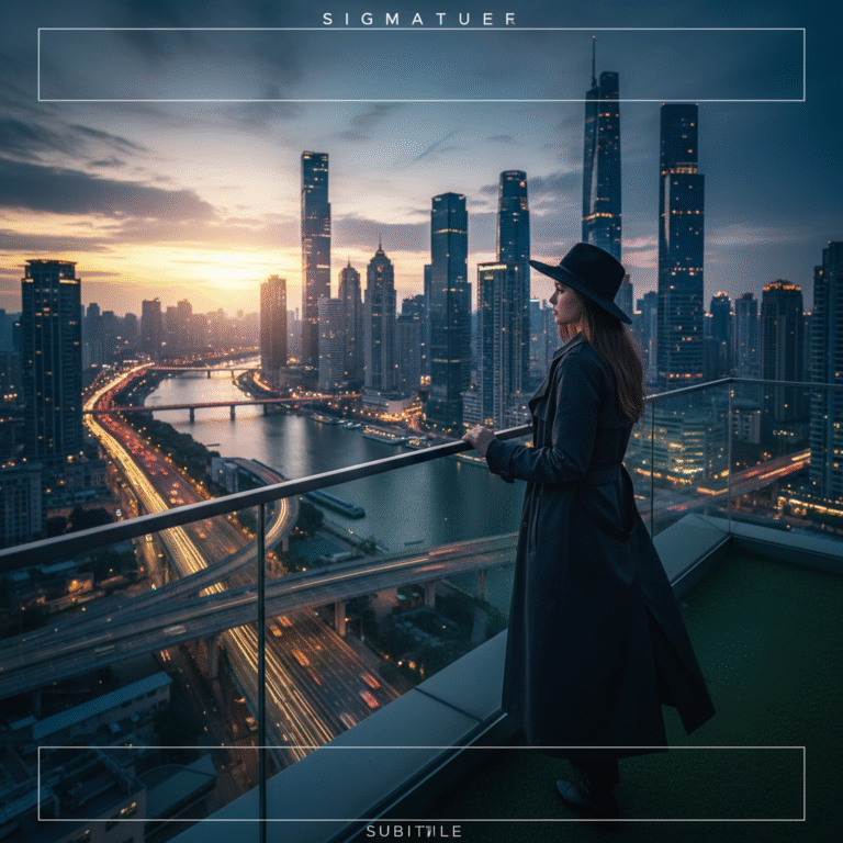 A realistic cover image of a young woman in a modern city at dusk, evoking mystery and anticipation.